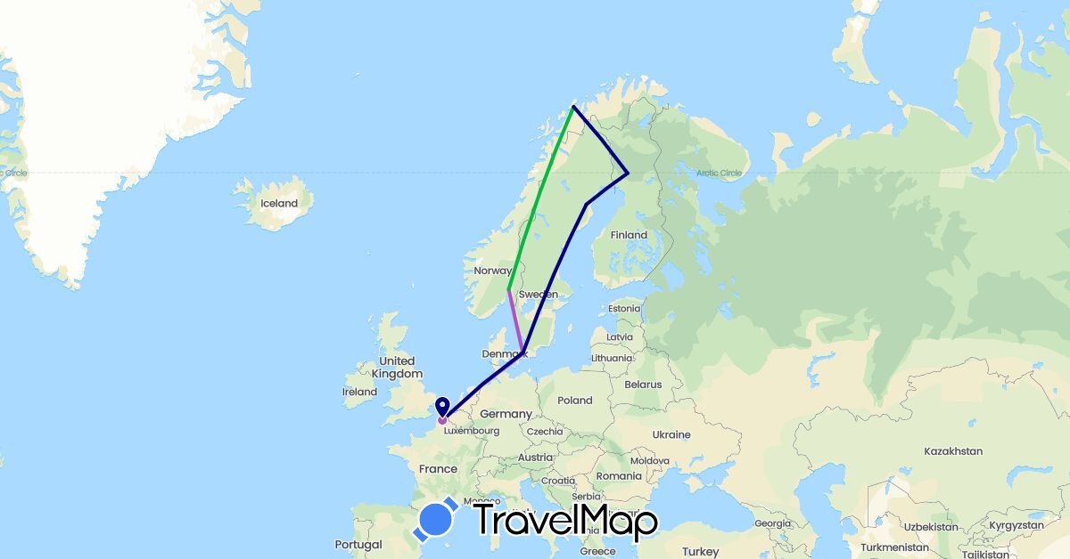 TravelMap itinerary: driving, bus, train in Denmark, Finland, France, Norway, Sweden (Europe)
